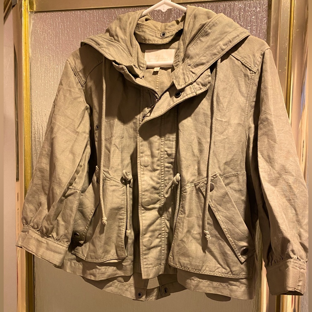 7 For All Mankind Jacket Linen and Cotton Khaki Green Detachable Hood Size M